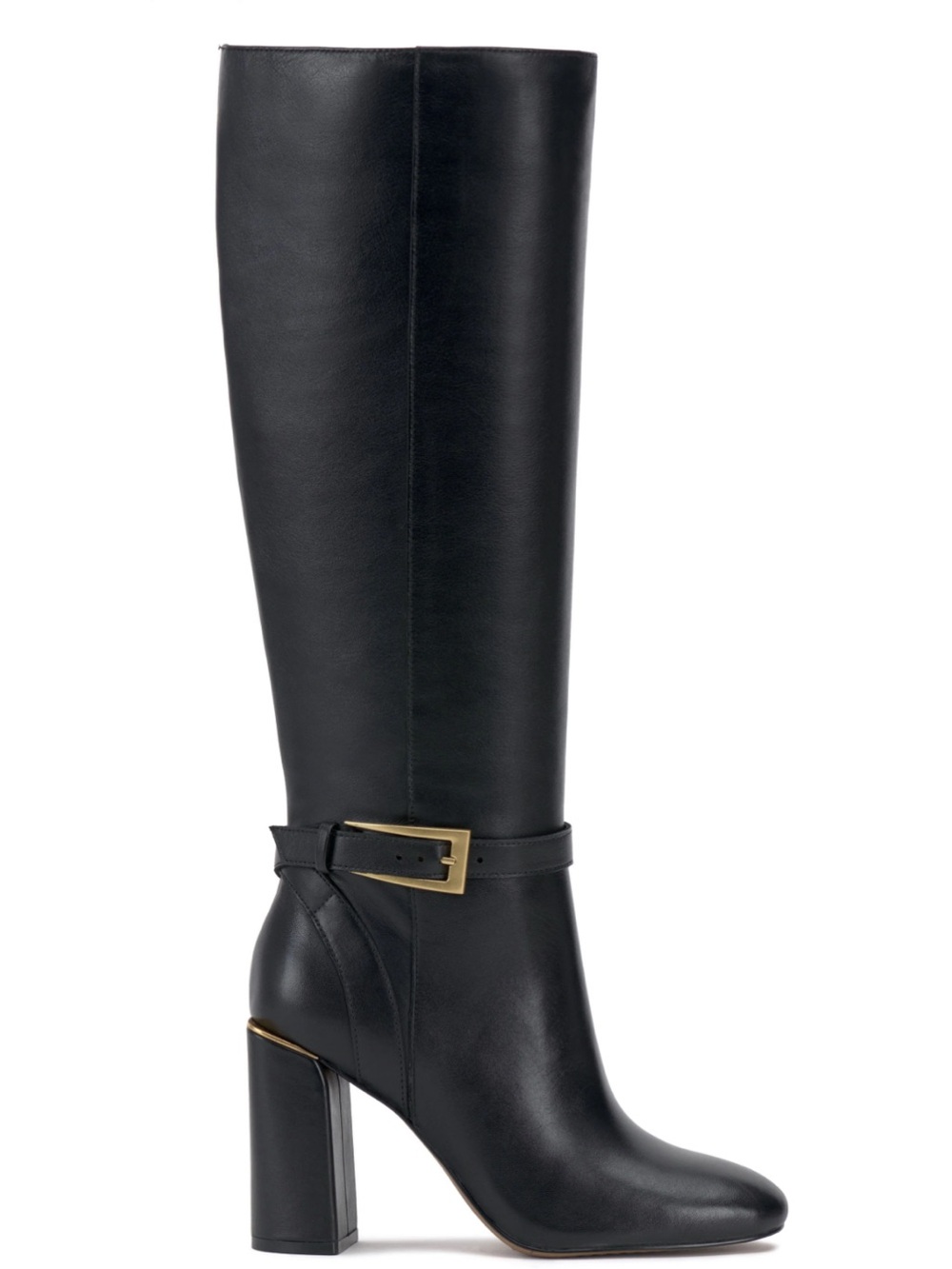 Vince Camuto Joanel Black Leather Knee High Boots with Gold Buckle, Wide Calf